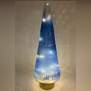 Light Blue Iridescent Textured Glass Cone Christmas Tree Illuminated LED 18”